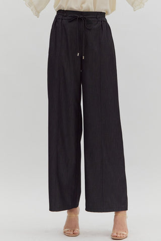 ENTRO Solid High Waist Pintuck Pants In Black Denim
