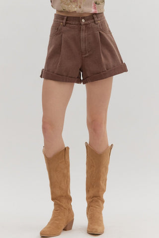 ENTRO Solid High Waist Roll Hem Shorts With Pleat In Brown