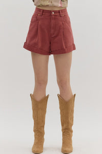 ENTRO Solid High Waist Roll Hem Shorts With Pleat In Garnet