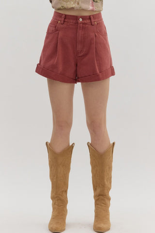 ENTRO Solid High Waist Roll Hem Shorts With Pleat In Garnet