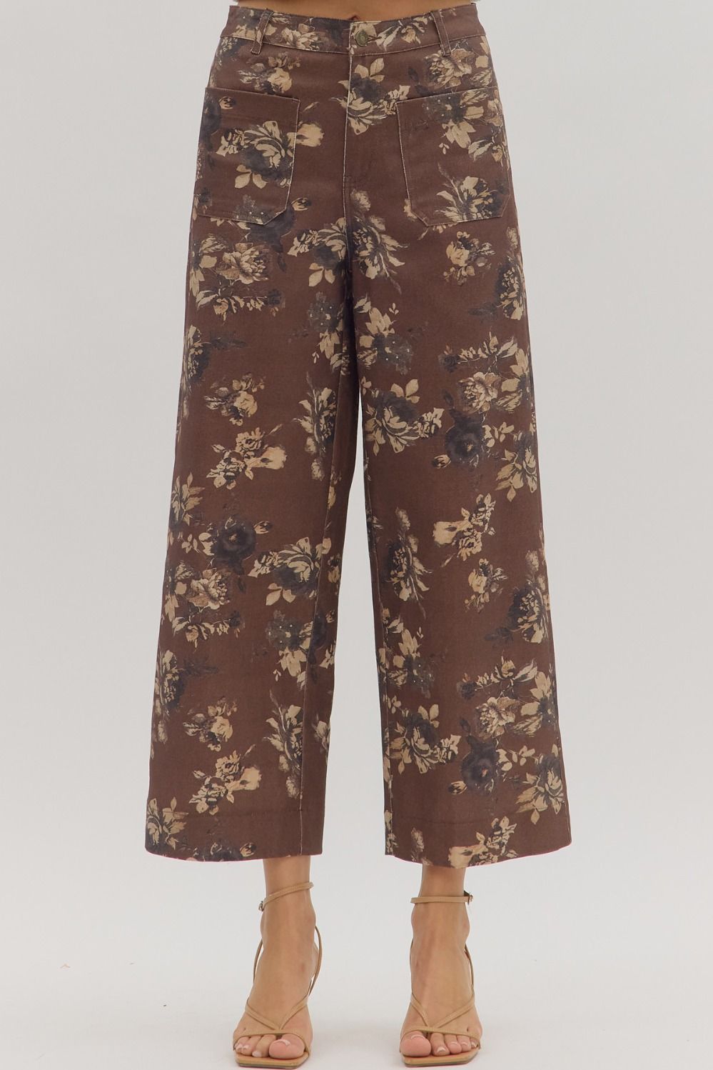 Entro Floral Ankle Length Pants In Brown