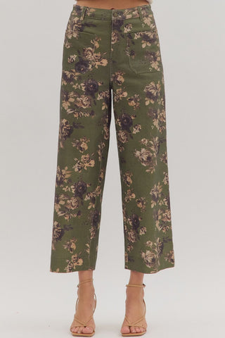 Entro Floral Ankle Length Pants In Olive *COMING SOON*