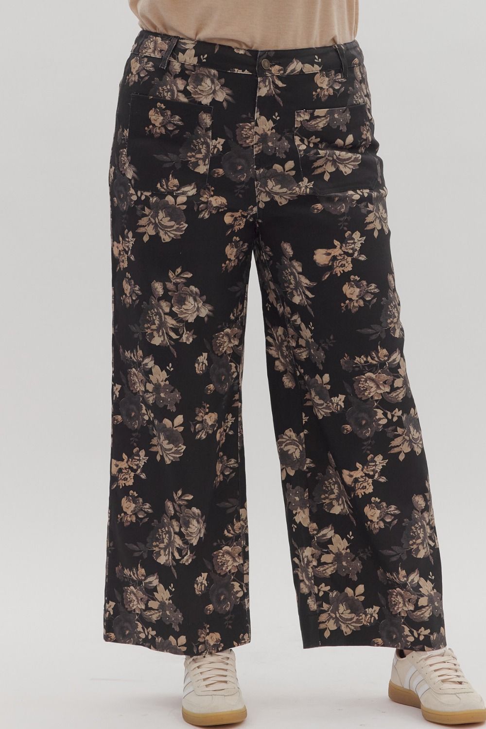 ENTRO Floral Print Ankle Length Pants in Black PLUS Size *COMING SOON*