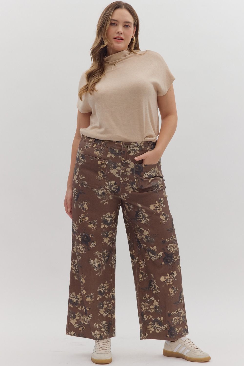 ENTRO Floral Print Ankle Length Pants in Brown PLUS Size *COMING SOON*