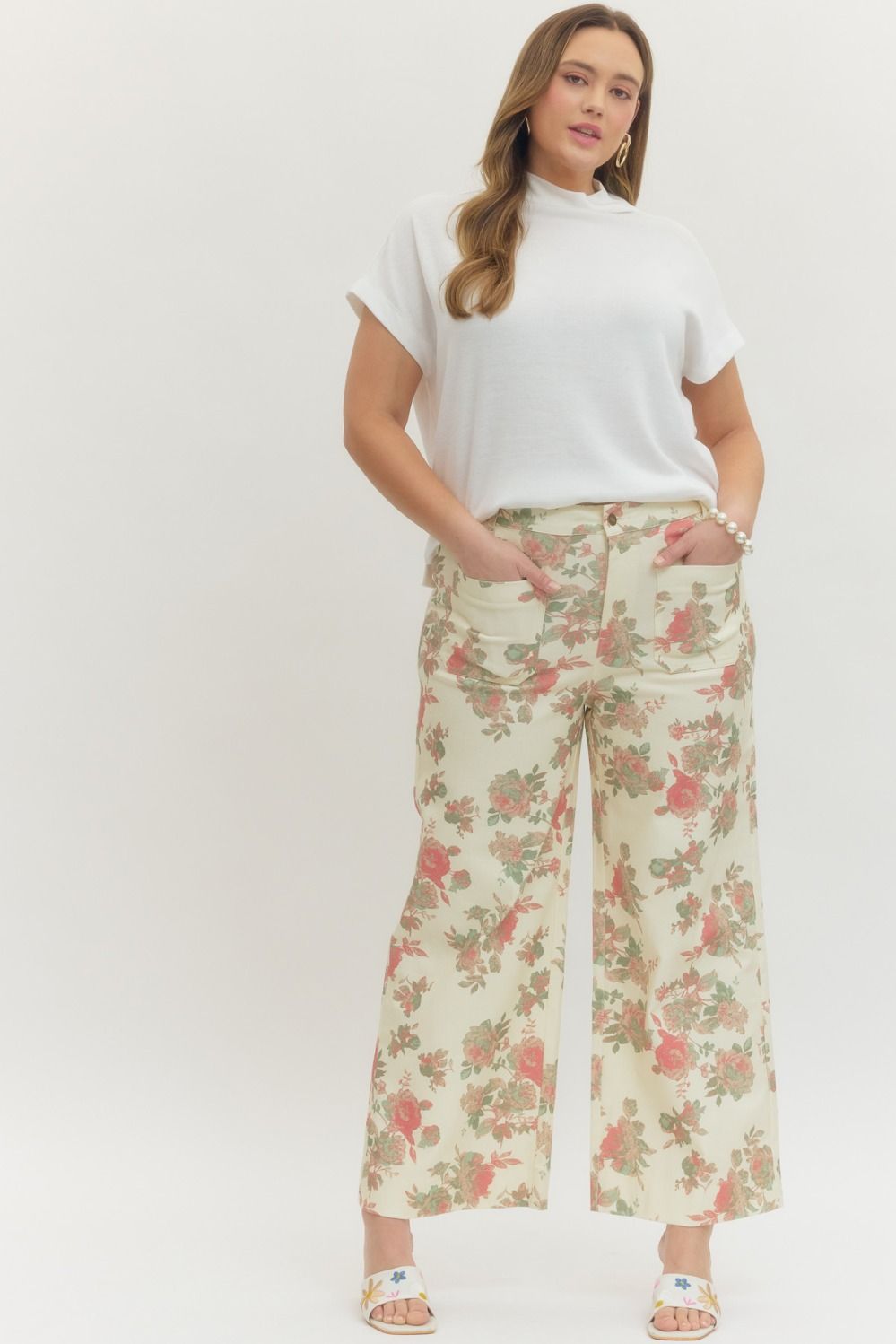 Entro Floral Ankle Length Pants In Cream PLUS Size