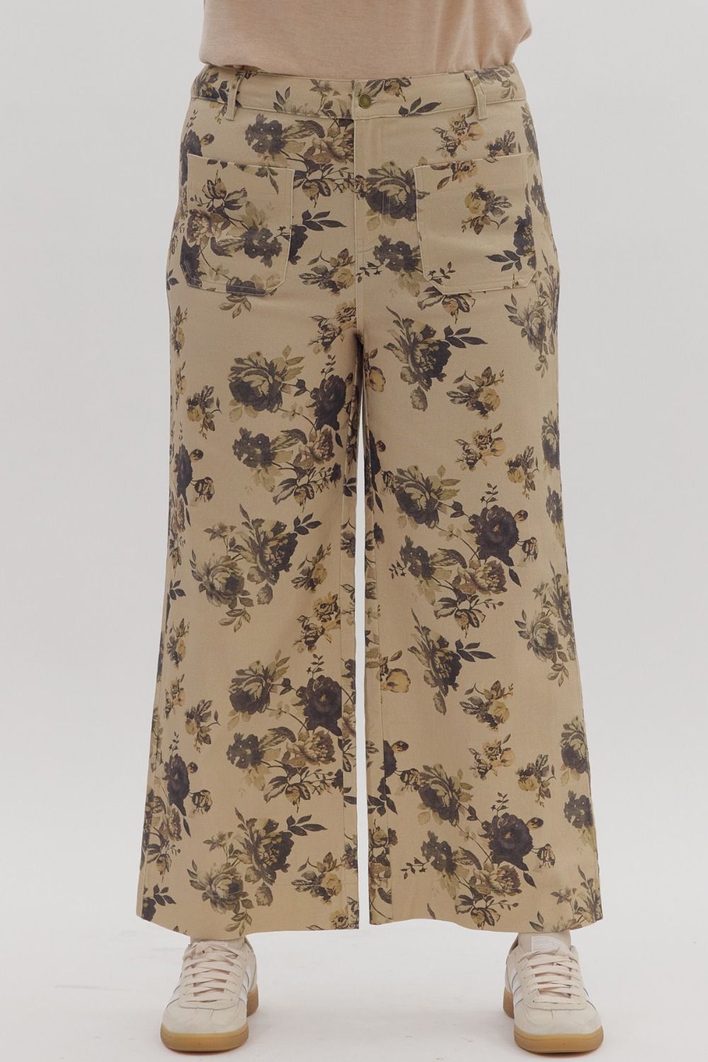 ENTRO Floral Print Ankle Length Pants in Taupe PLUS Size *COMING SOON*