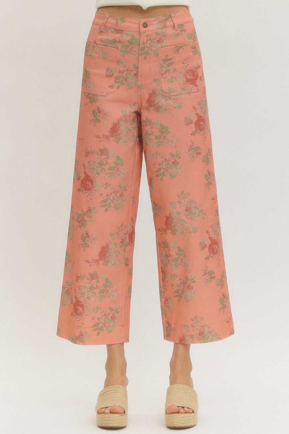 ENTRO Floral Ankle Length Pants In Pink