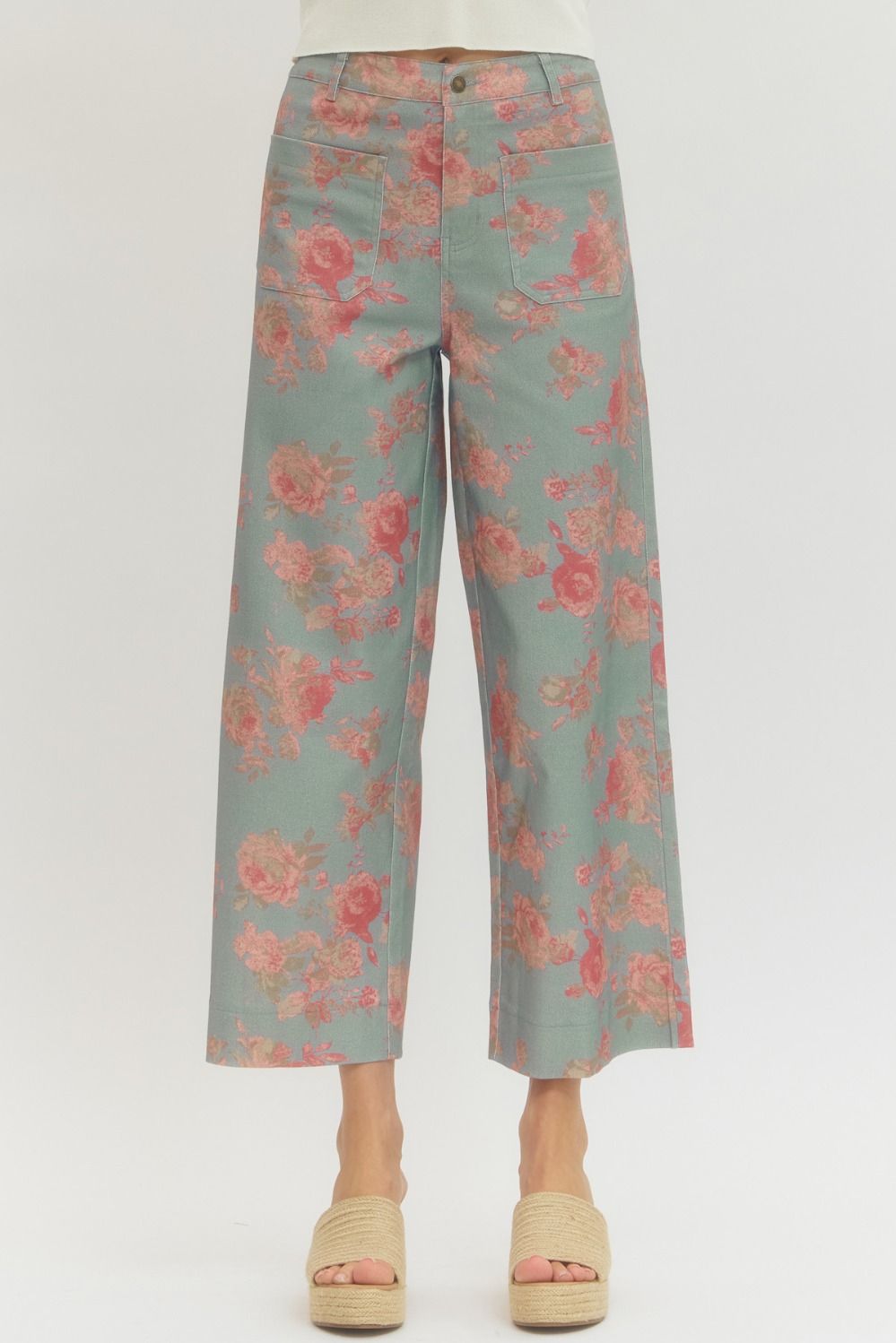 ENTRO Floral Ankle Length Pants In Blue