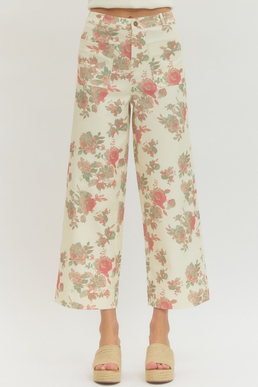 ENTRO Floral Ankle Length Pants In Cream
