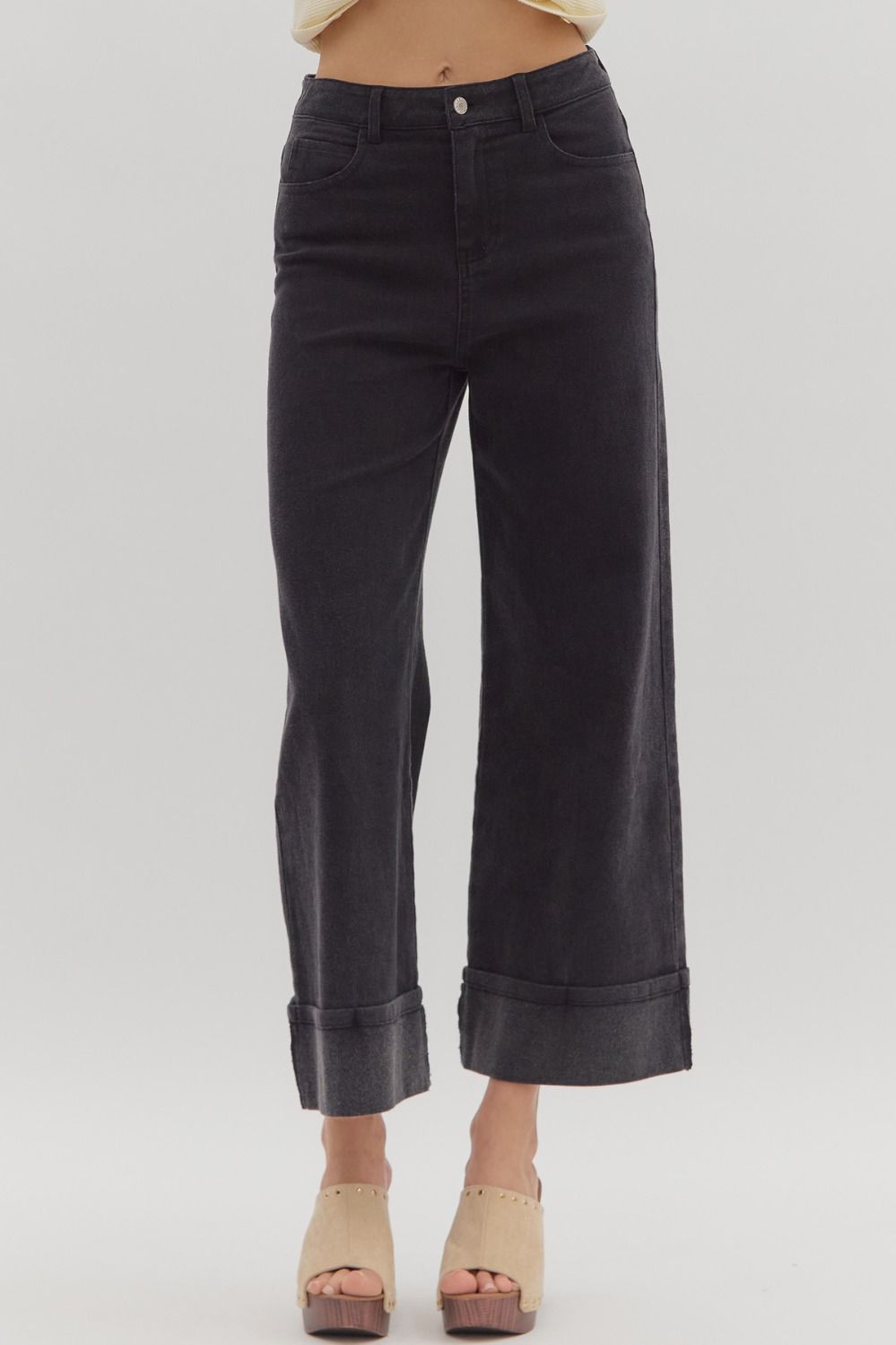 ENTRO Solid Midrise Cuff Bottom Pants In Black