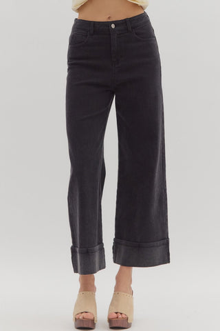 ENTRO Solid Midrise Cuff Bottom Pants In Black