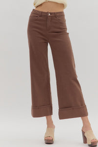 ENTRO Solid Midrise Cuff Bottom Pants In Brown