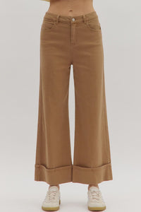 ENTRO Solid Midrise Cuff Bottom Pants In Camel