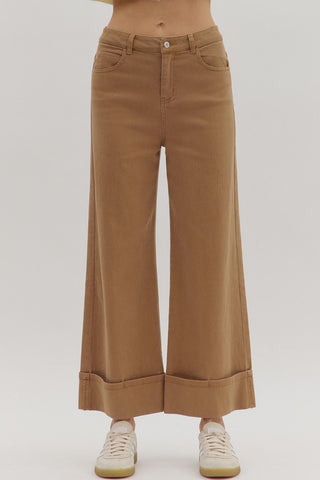 ENTRO Solid Midrise Cuff Bottom Pants In Camel