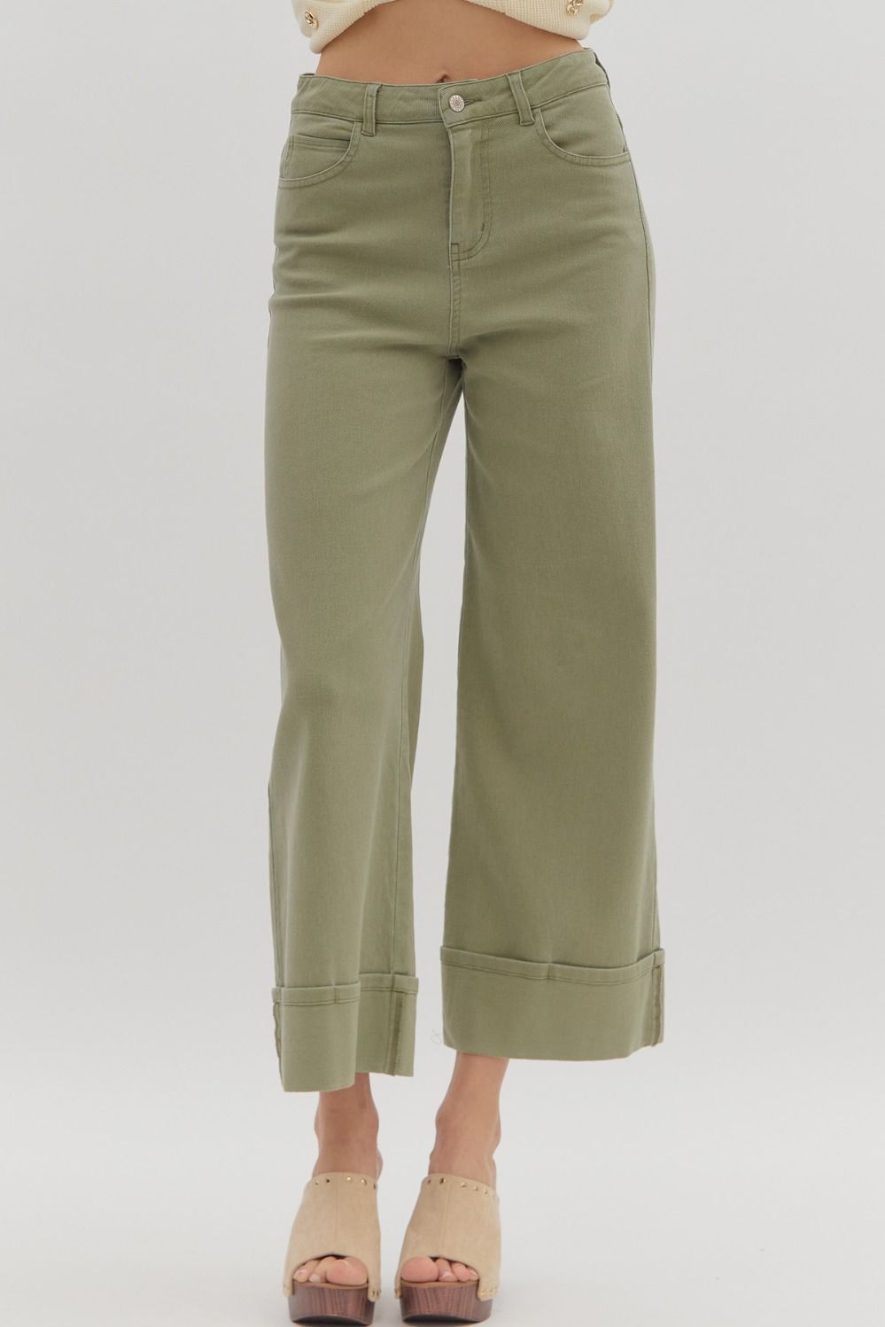 ENTRO Solid Midrise Cuff Bottom Pants In Camel