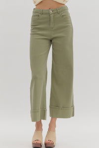 ENTRO Solid Midrise Cuff Bottom Pants In Camel