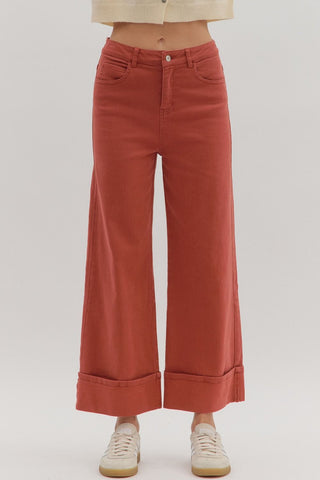 ENTRO Solid Midrise Cuff Bottom Pants In Rust