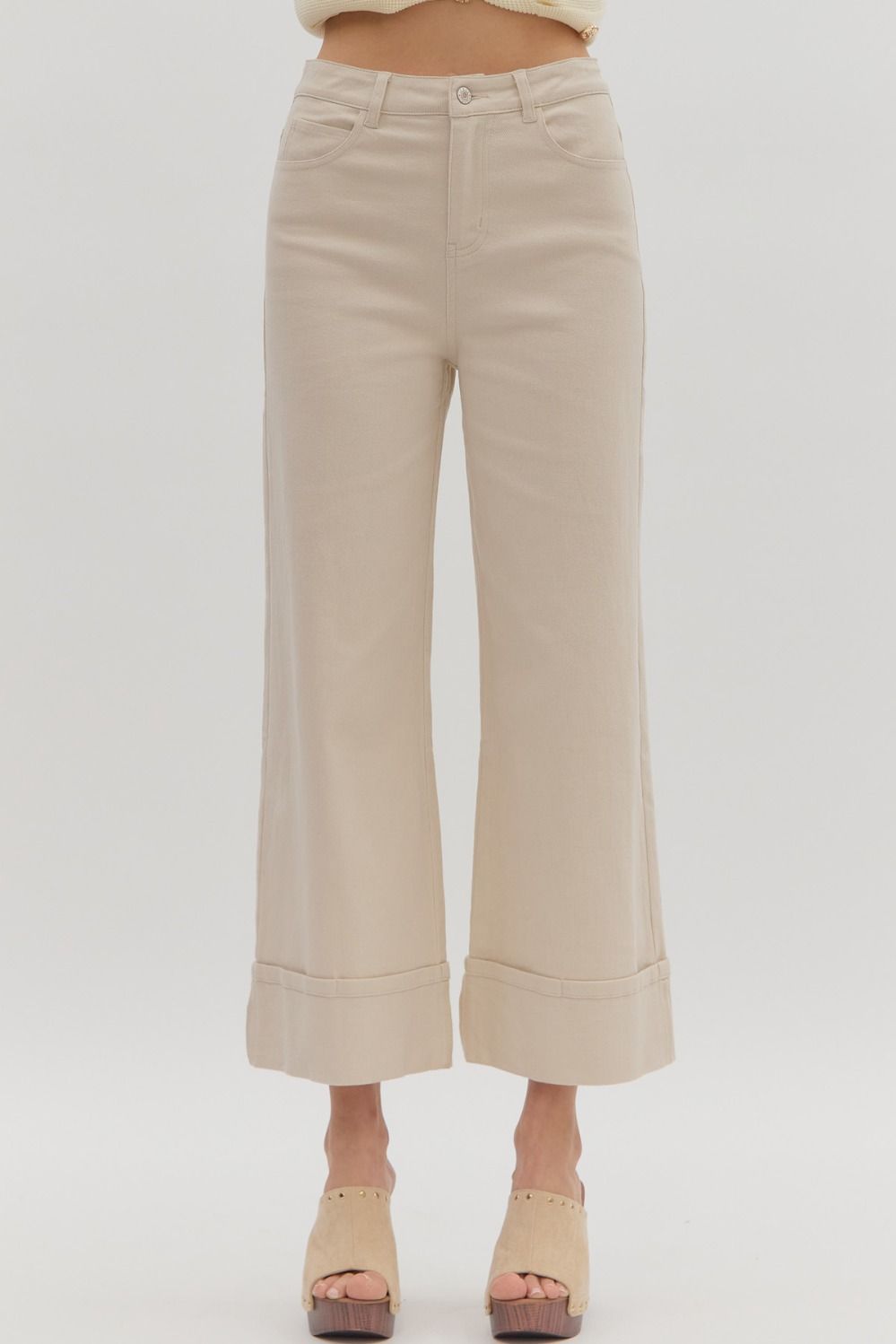 ENTRO Solid Midrise Cuff Bottom Pants In Sand