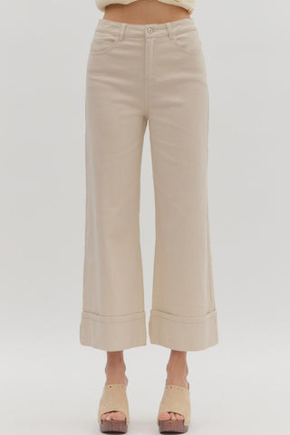 ENTRO Solid Midrise Cuff Bottom Pants In Sand