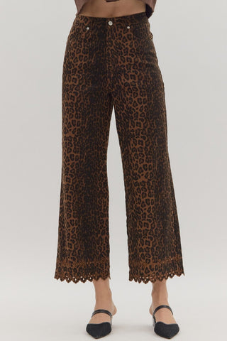 ENTRO Leopard Print Embroidered Hem Pants