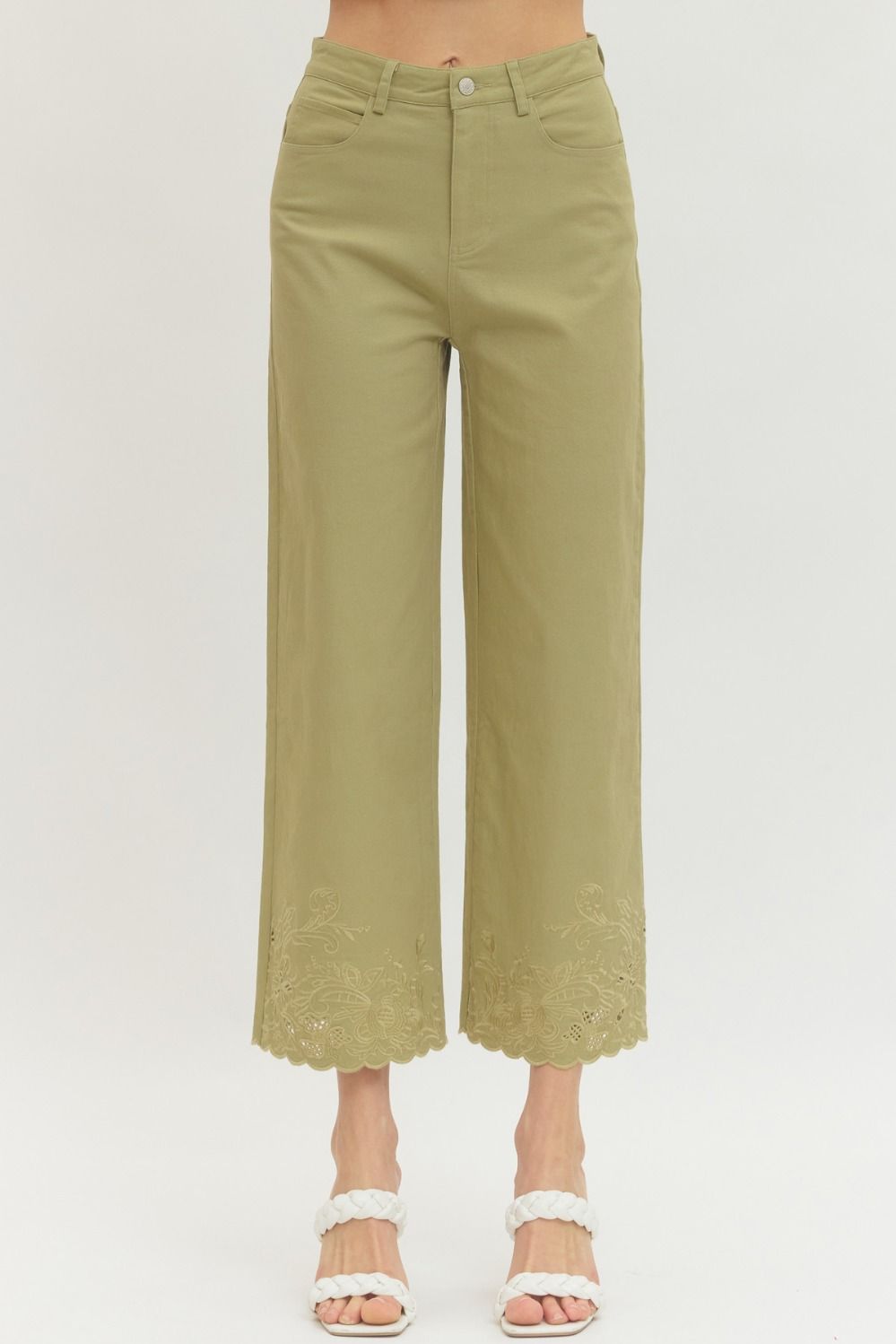 Entro Scalloped Embroidered Hem Pants In Matcha