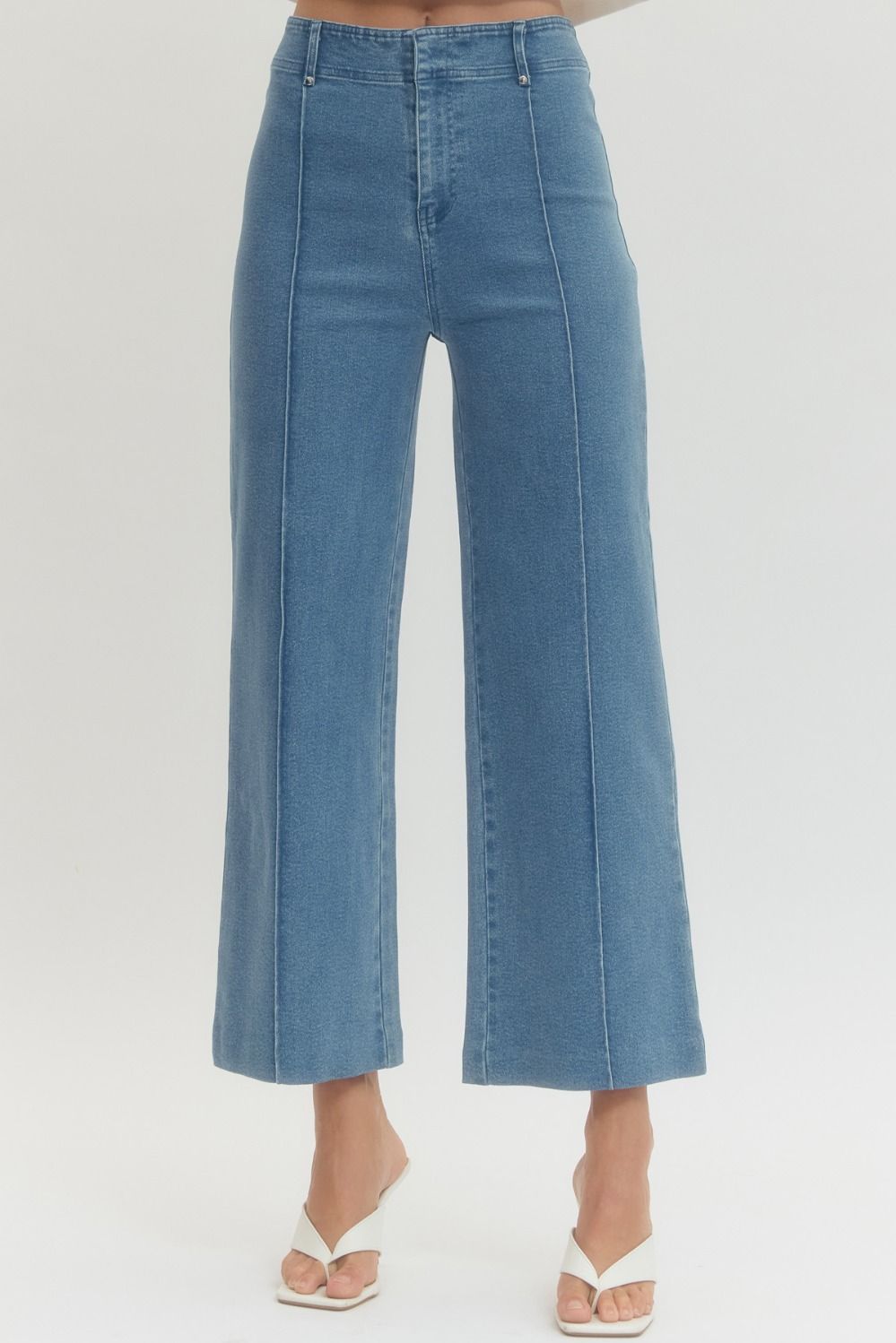 ENTRO Solid High Rise Wide Leg Pants With Front Seam Detail In Denim