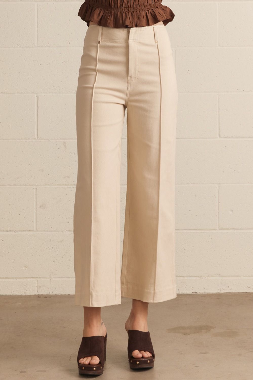 ENTRO Solid High Rise Wide Leg Pants With Front Seam Detail In Ecru *COMING SOON*