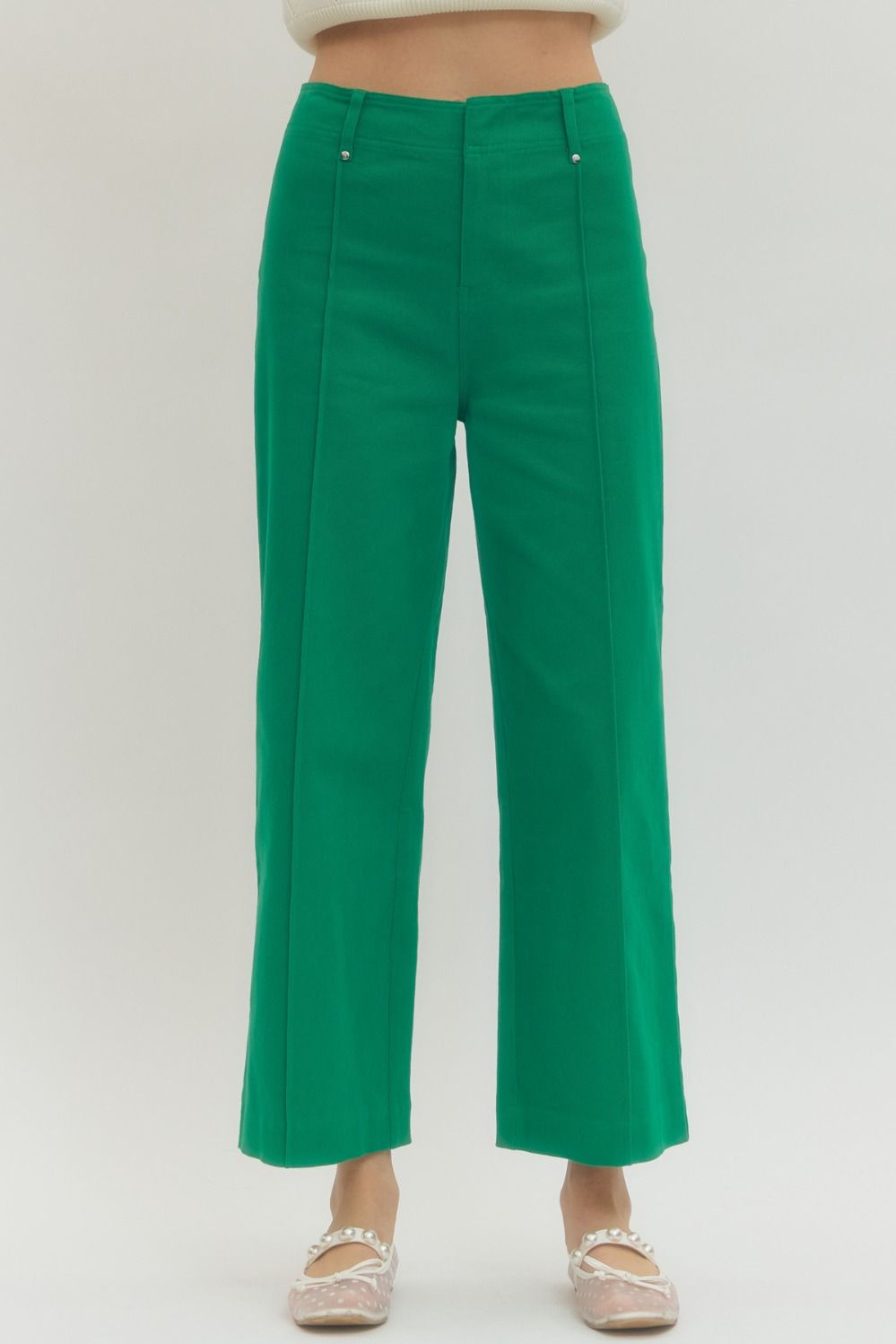 ENTRO Solid High Rise Wide Leg Pants With Front Seam Detail In Green