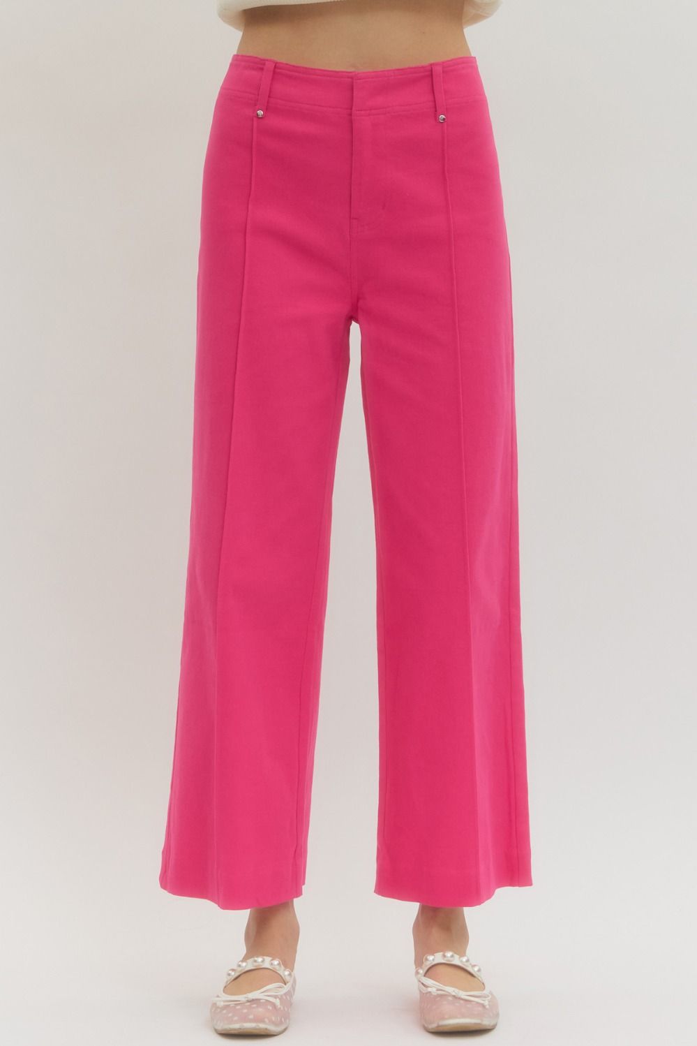Entro Solid High Rise Wide Leg Pants With Front Seam Detail In Hot Pink