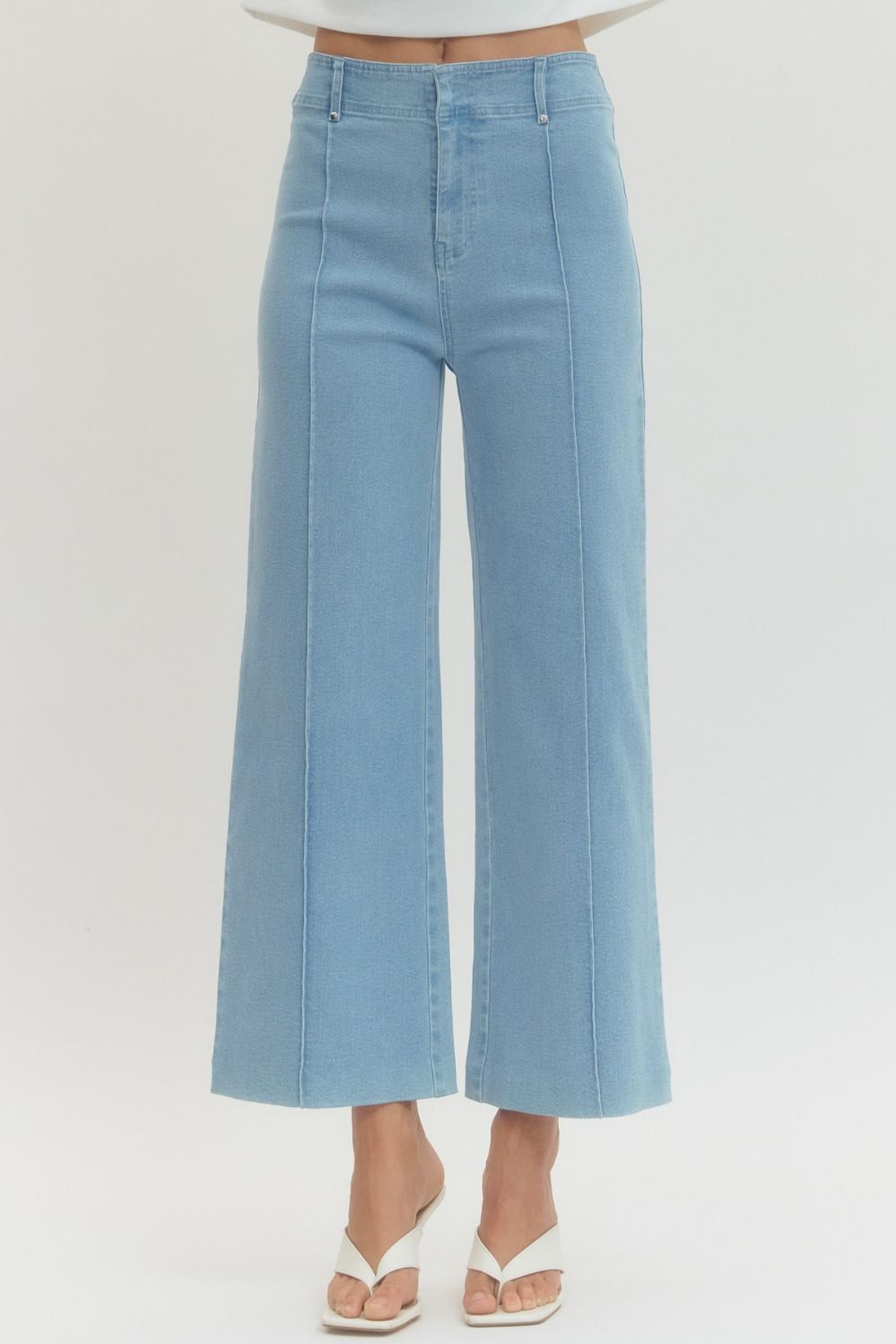 ENTRO Solid High Rise Wide Leg Pants With Front Seam Detail In Light Blue