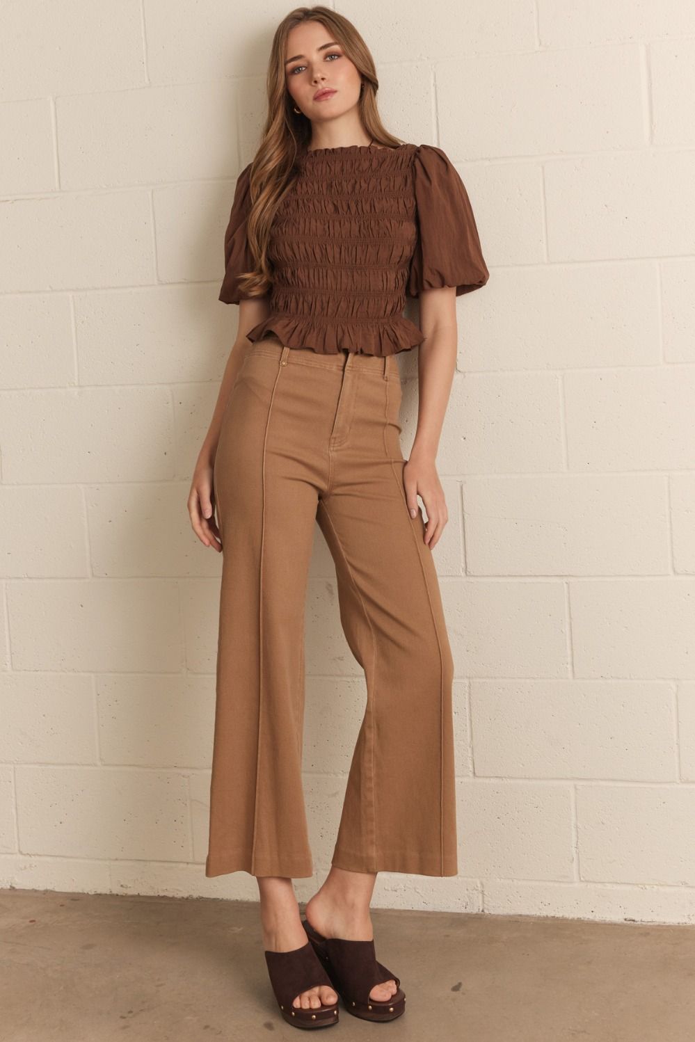 ENTRO Solid High Rise Wide Leg Pants With Front Seam Detail In Mocha *COMING SOON*