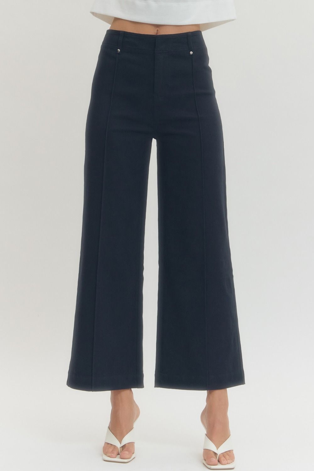 ENTRO Solid High Rise Wide Leg Pants With Front Seam Detail In Navy