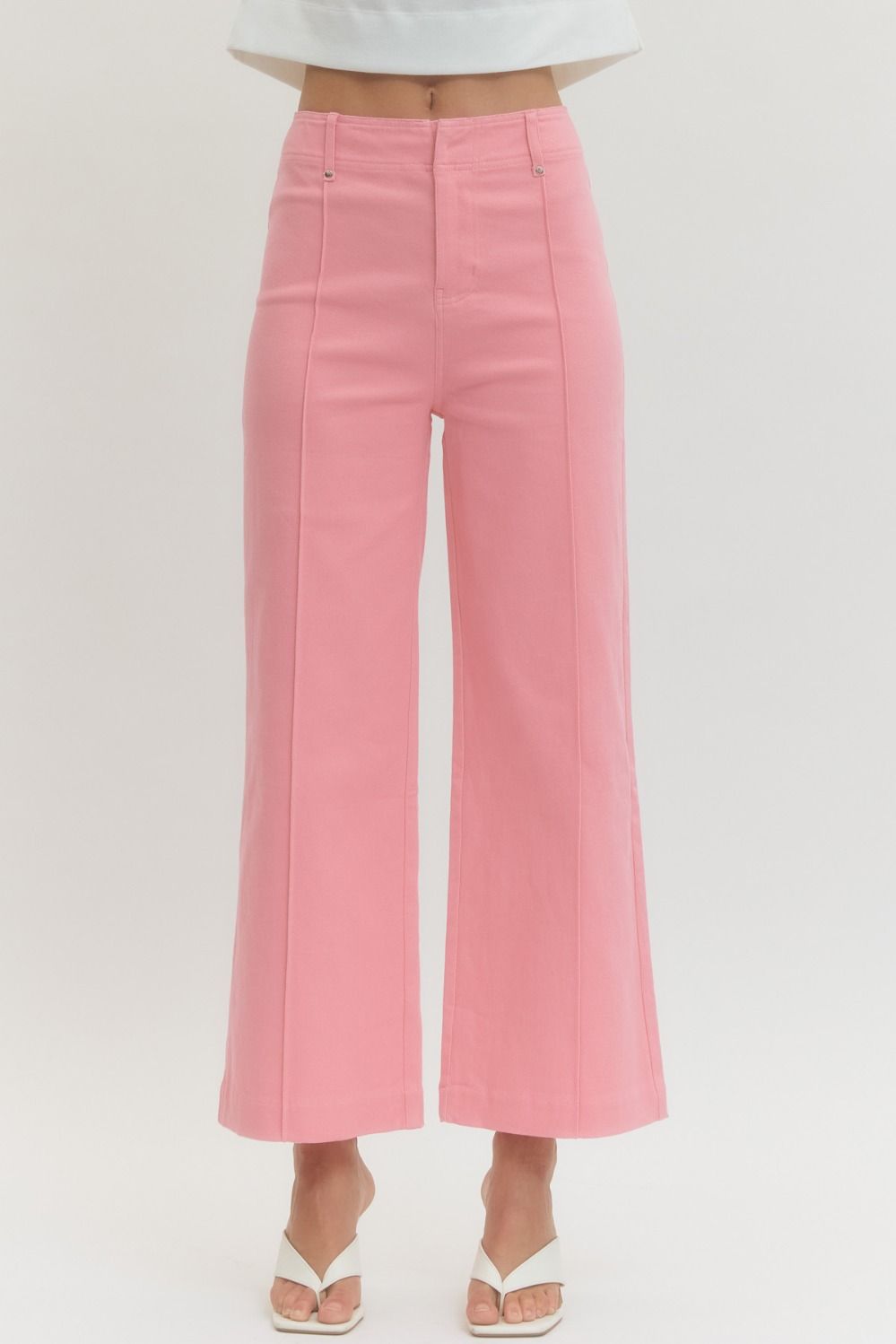 Entro Solid High Rise Wide Leg Pants With Front Seam Detail In Pink