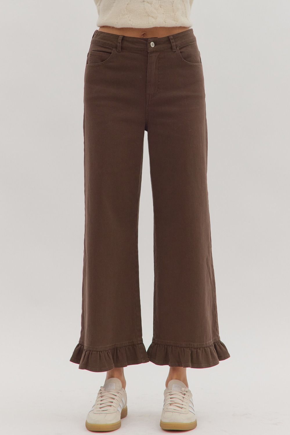 ENTRO Solid Wide Leg Pants With Ruffle Hem In Brown *COMING SOON*