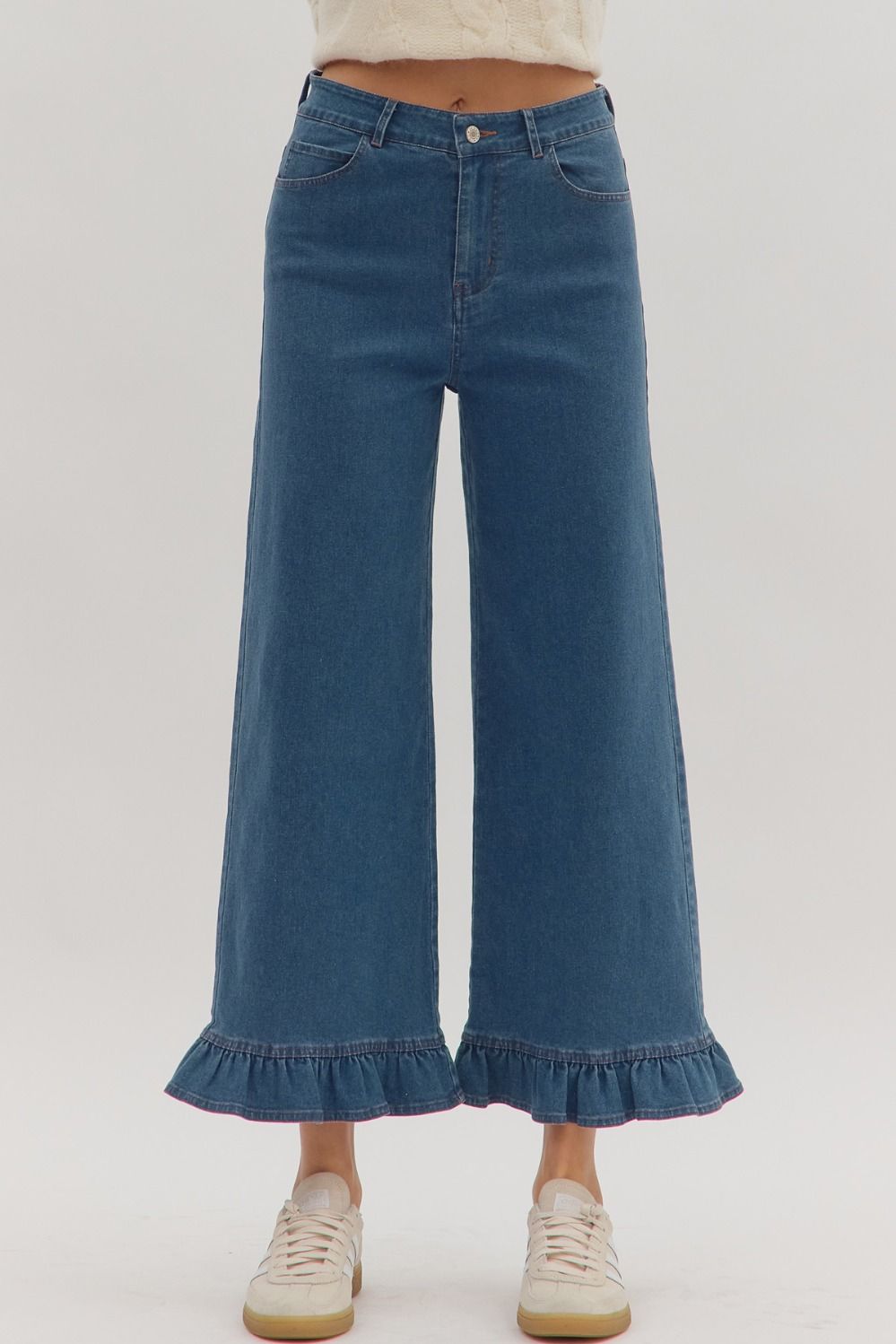 ENTRO Solid Wide Leg Pants With Ruffle Hem In Denim *COMING SOON*