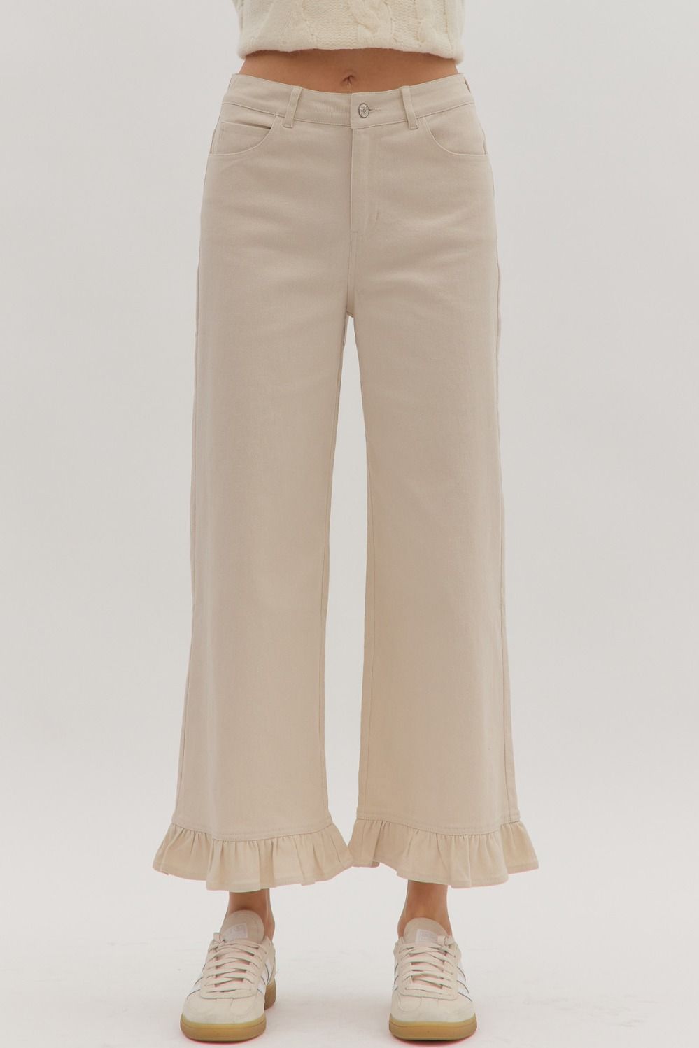 ENTRO Solid Wide Leg Pants With Ruffle Hem In Sand *COMING SOON*