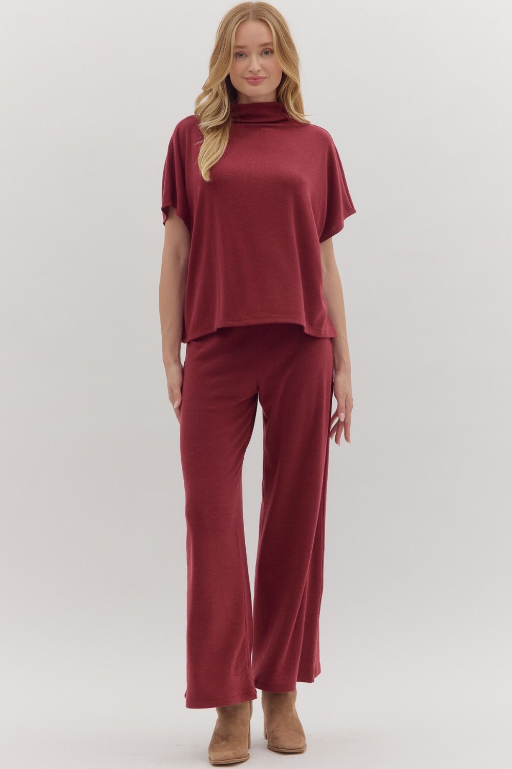 ENTRO Solid Full Length Wide Leg Pants In Burgundy *COMING SOON*