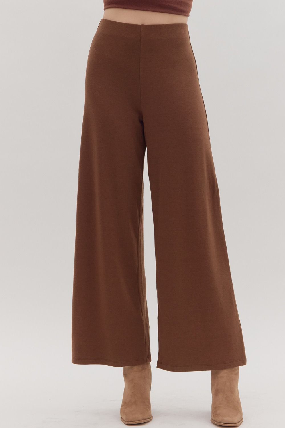 ENTRO Solid Full Length Wide Leg Pants In Chocolate *COMING SOON*