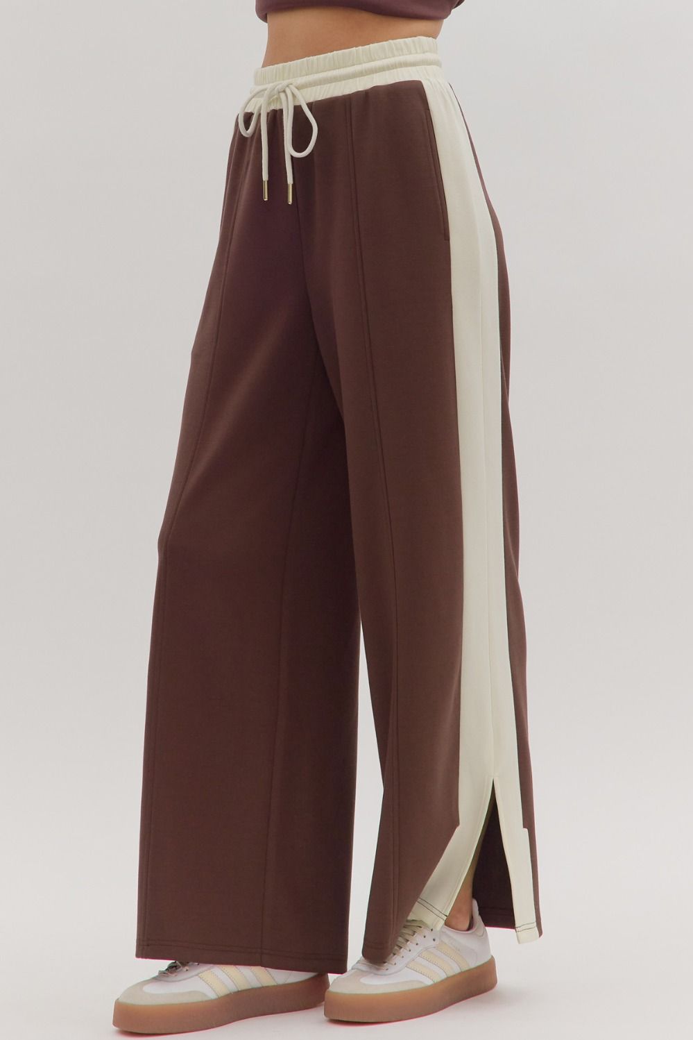 Entro Solid Wide Leg Knit Pants With Contrast Stripe In Brown *COMING SOON*