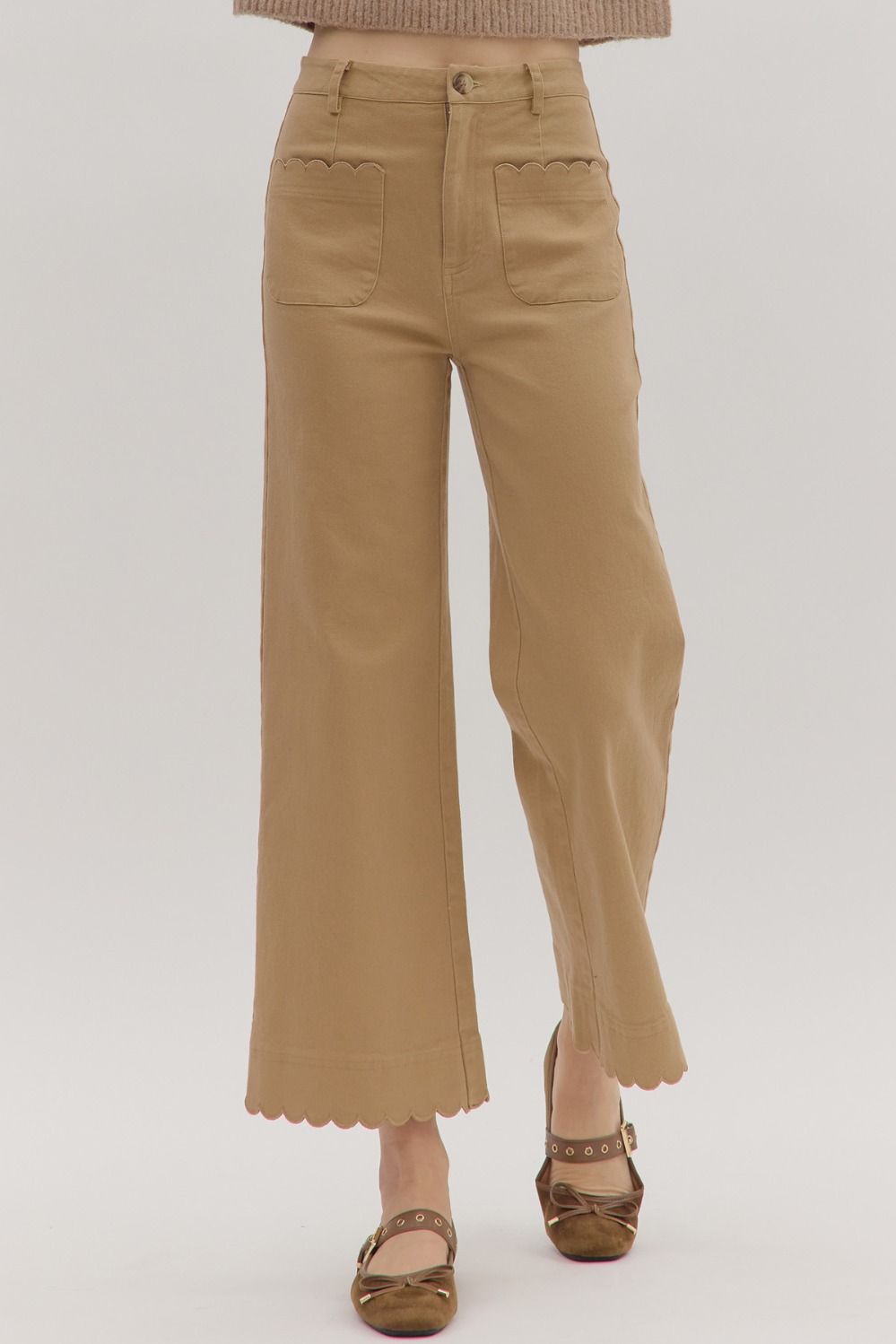 Entro Solid High Waist Pants With Scalloped Pocket And Hem In Camel