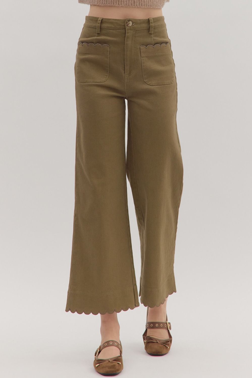 Entro Solid High Waist Pants With Scalloped Pocket And Hem In Olive