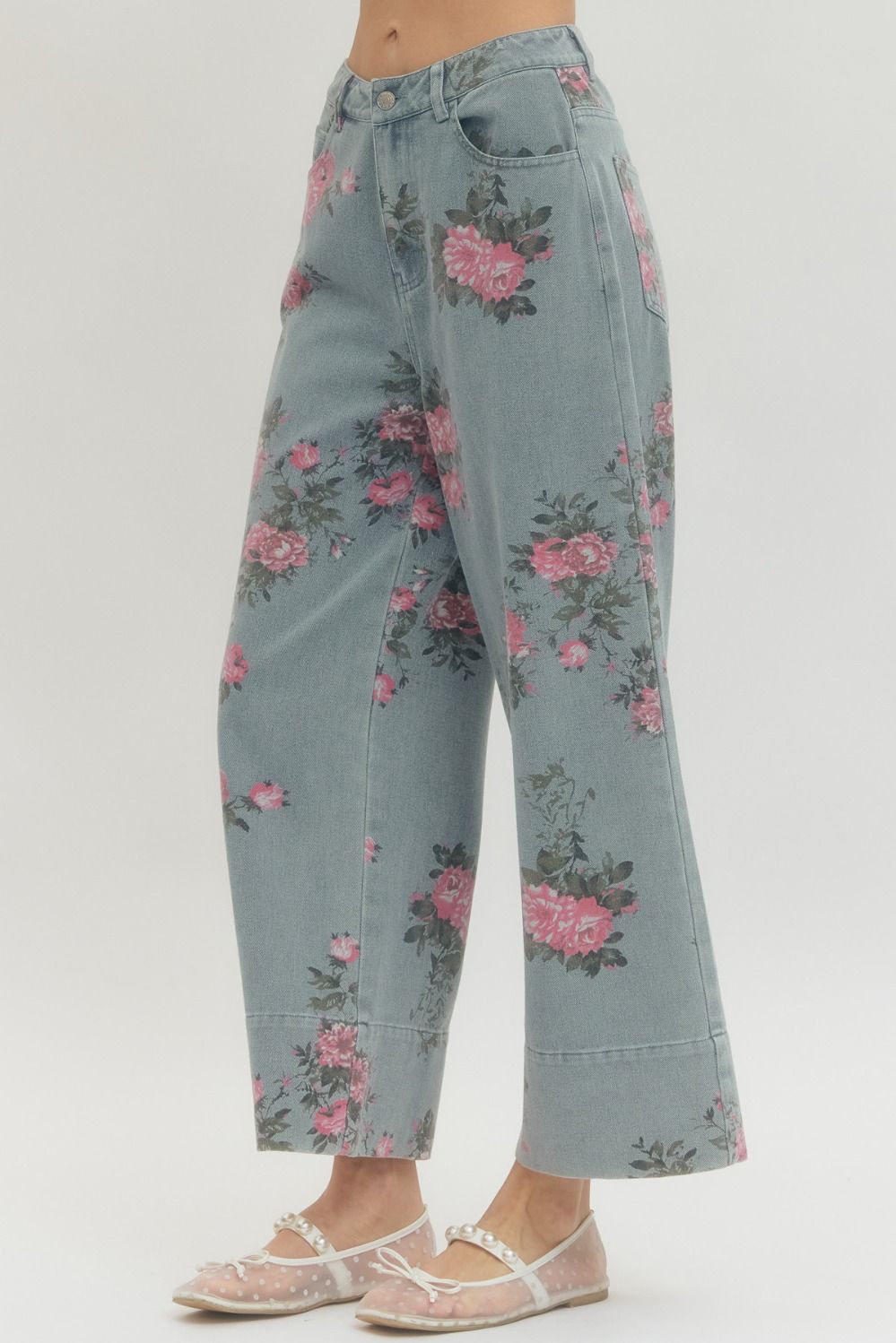 Entro Floral Denim Pants In Light Blue