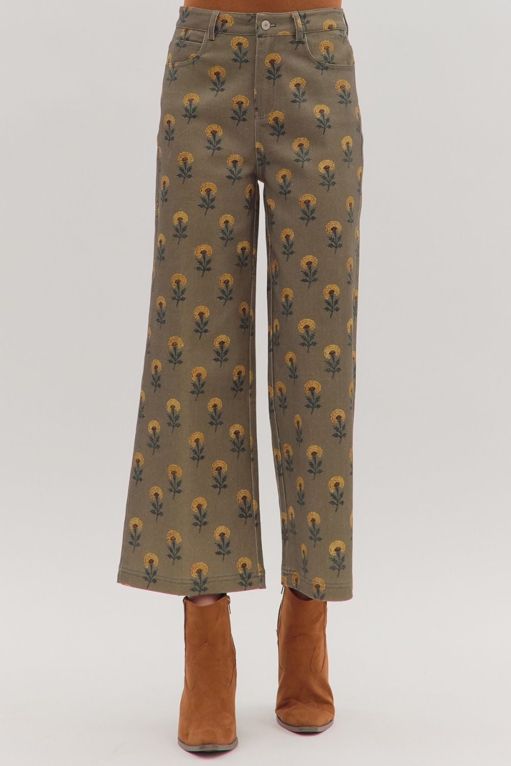 ENTRO Botanical Print Wide Leg Pants In Olive *COMING SOON*