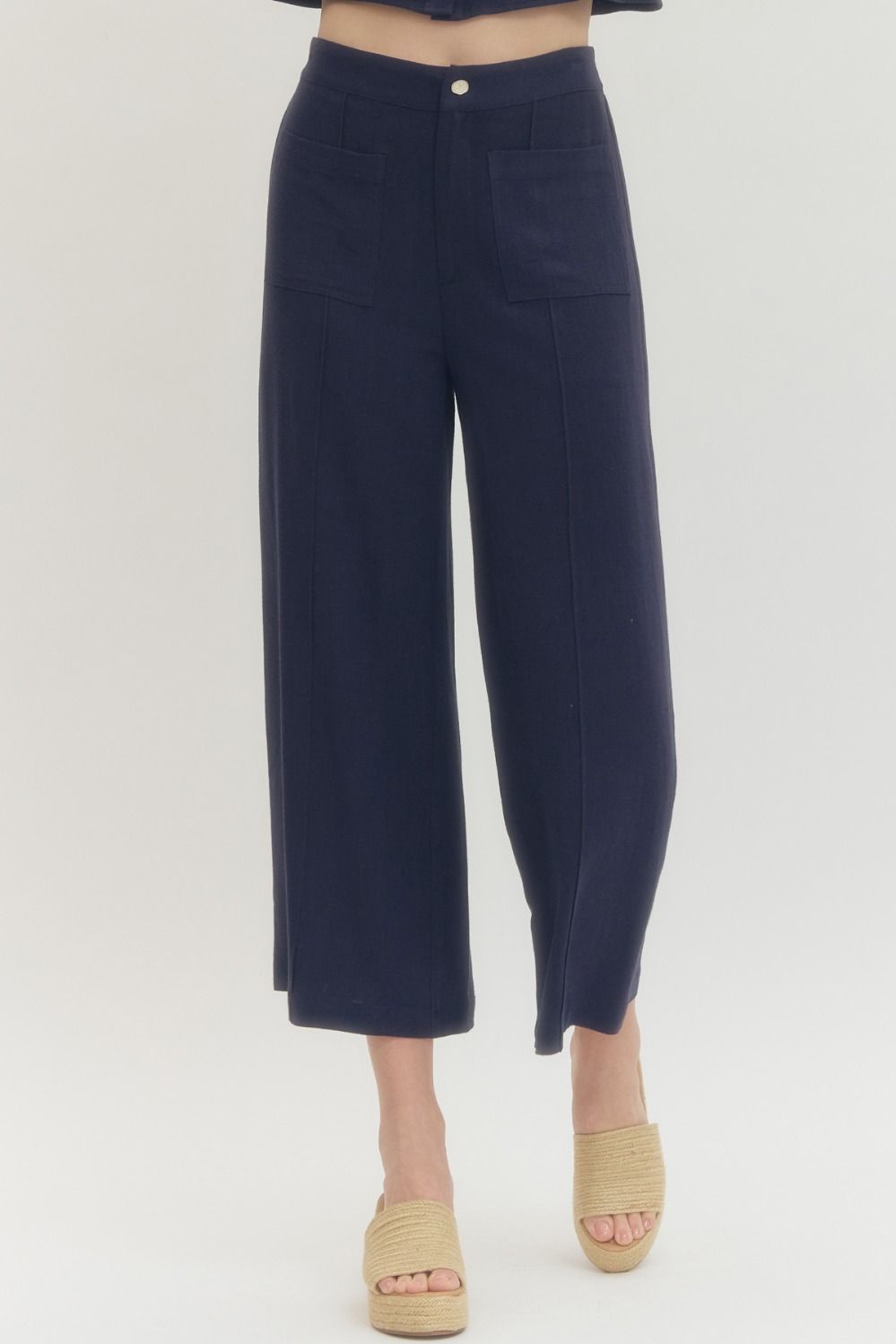 Entro Solid Woven Pants With Front Patch Pocket In Navy