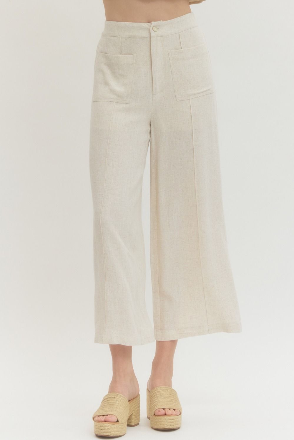 Entro Solid Woven Pants With Front Patch Pocket In Oatmeal