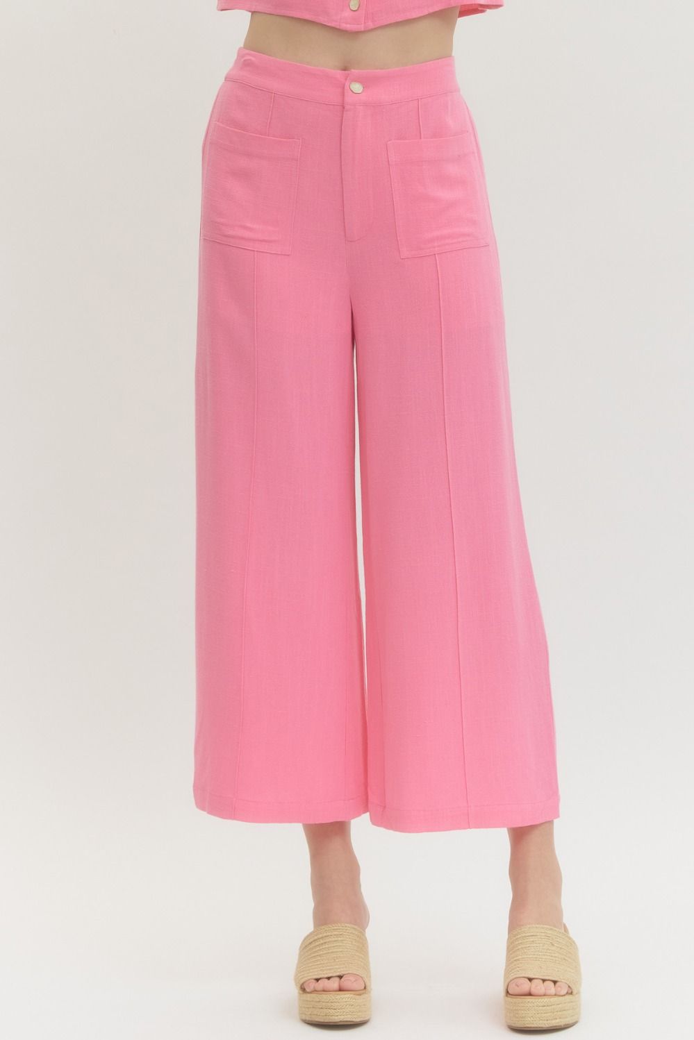 Entro Solid Woven Pants With Front Patch Pocket In Pink