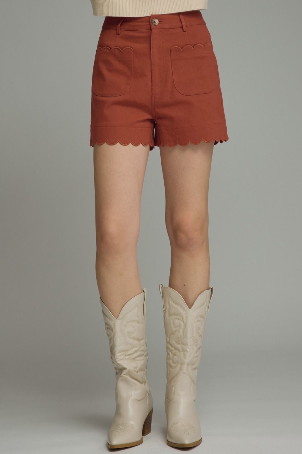 ENTRO Solid High Rise Shorts With Scalloped Accents In Brick