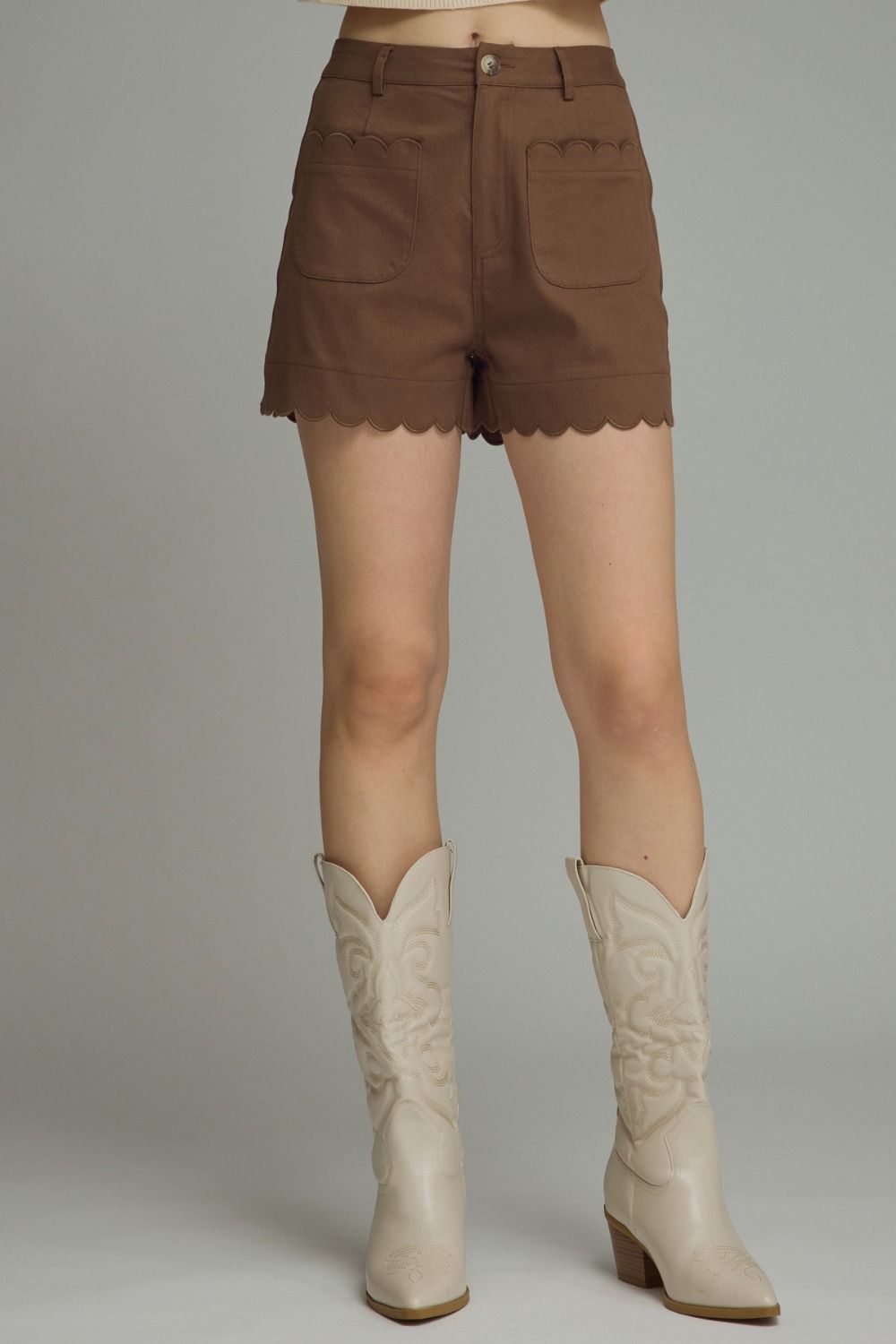 ENTRO Solid High Rise Shorts With Scalloped Accents In Brown
