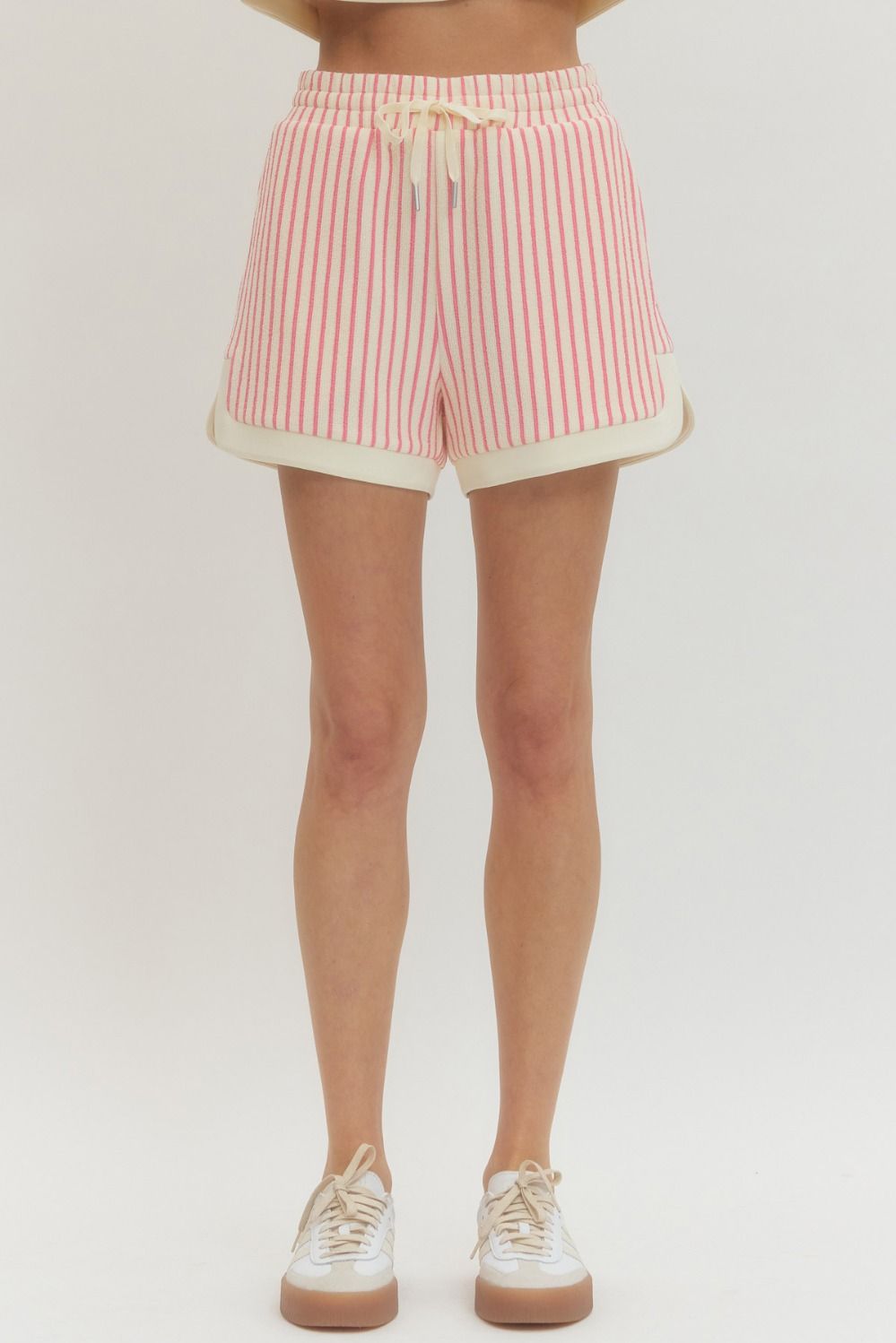ENTRO Striped Knit Shorts With Contrast Trim In Pink