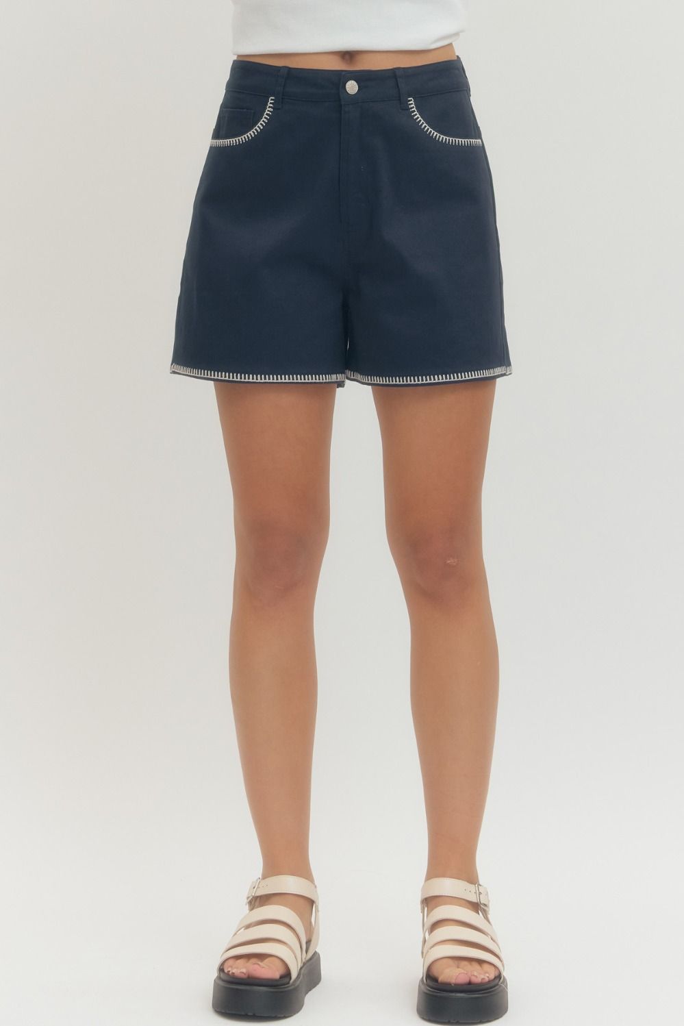 Entro Solid Woven Shorts With Contrast Stitch Detail In Navy